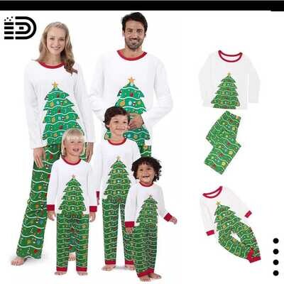 Matching Family Christmas Pajamas Set – Long Sleeve White Top with Green Christmas Tree on Front /Green Long Pants with Red Trim