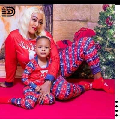 Matching Family Christmas Pajamas Set – Long Sleeve Red Top with Grey Trim and White Reindeer - Merry Christmas White Font. Red and Grey Print Pants with White Reindeer Prints and Grey Trim