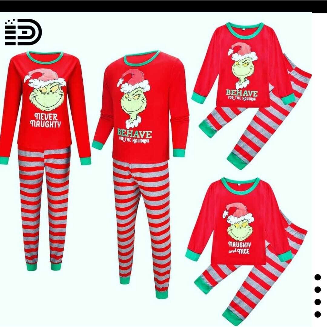 Matching Family Christmas Pajamas Set – Full Red Long Sleeve Top Grey Trim “Naughty or Nice”. Grey and Red Stripe Pants with Green Trim
