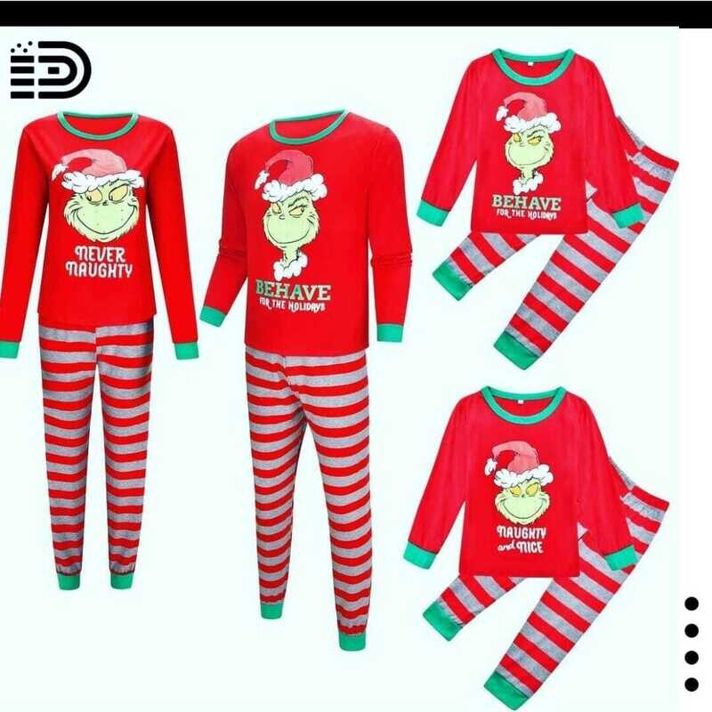 Matching Family Christmas Pajamas Set – Full Red Long Sleeve Top Grey Trim “Naughty or Nice”. Grey and Red Stripe Pants with Green Trim