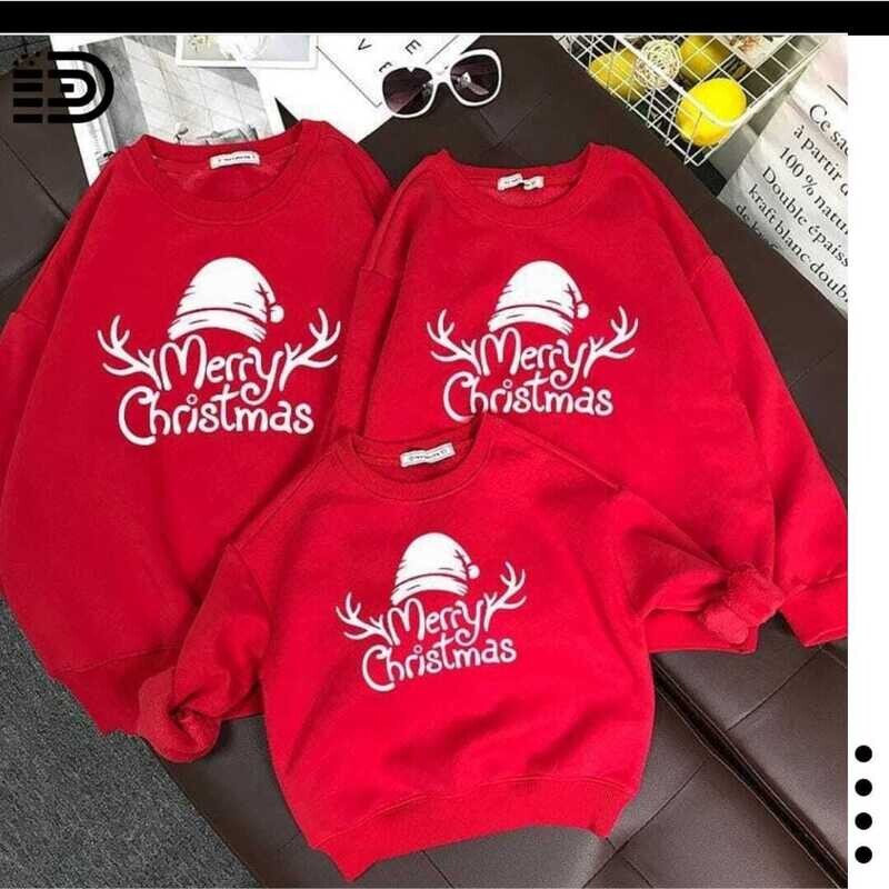 Family Christmas Sweaters – Full Red , Round Neck w/ White Antlers &amp; “Merry Christmas” Font