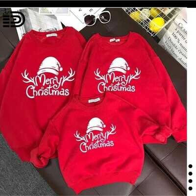 Family Christmas Sweaters – Full Red , Round Neck w/ White Antlers &amp; “Merry Christmas” Font