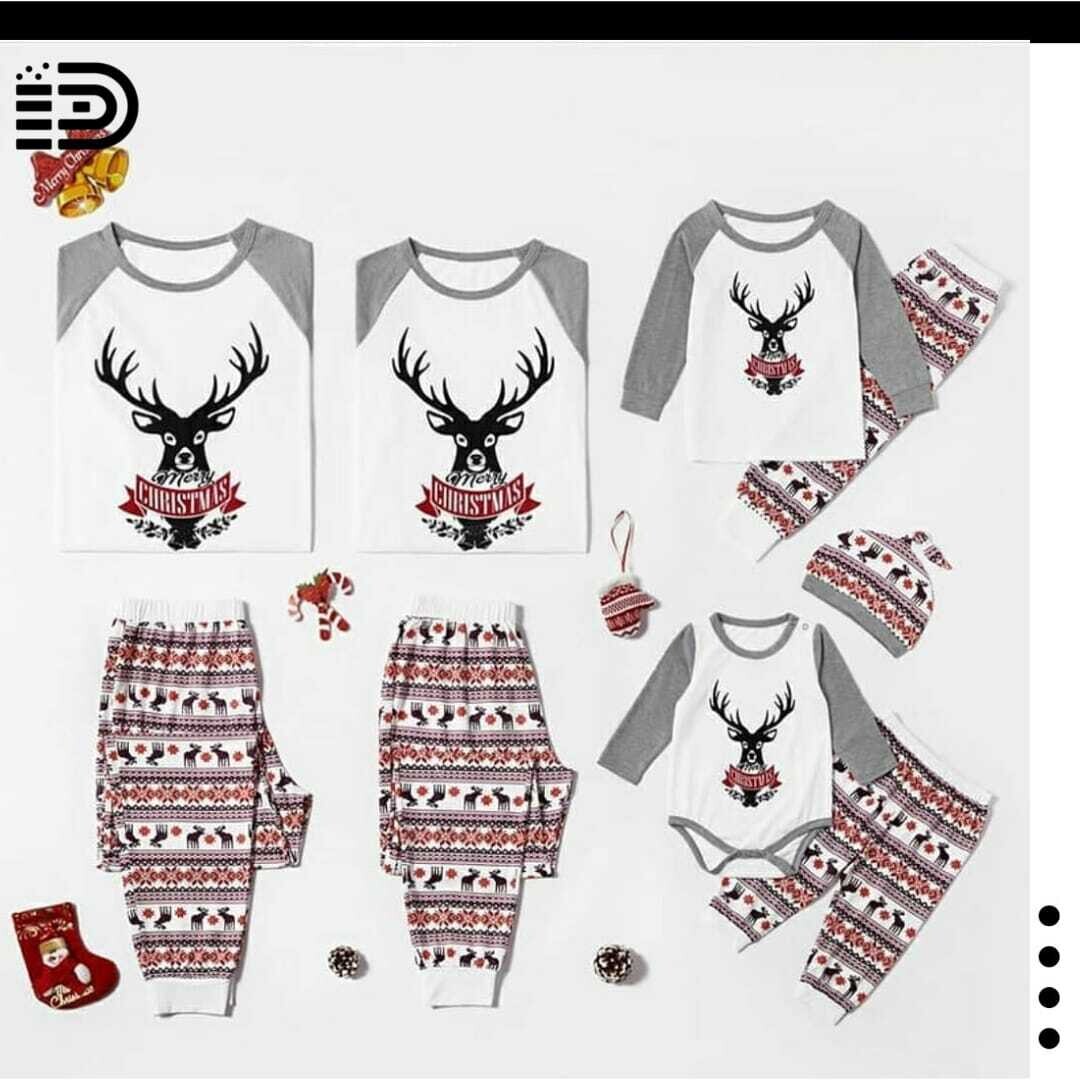 Matching Family Christmas Pajamas Set – White Top with Grey Long Sleeve and Black Reindeer with Merry Christmas in Red Font. Red White and Grey Striped Bottom with Reindeer Prints and White Trim.