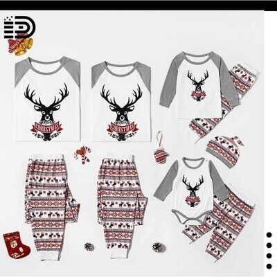 Matching Family Christmas Pajamas Set – White Top with Grey Long Sleeve and Black Reindeer with Merry Christmas in Red Font. Red White and Grey Striped Bottom with Reindeer Prints and White Trim.