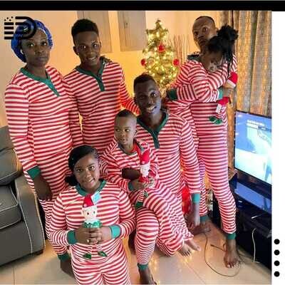 Matching Family Christmas Pajamas Set – Long Sleeve Red & White Stripe with Green Trim/ Matching Long Pants with Green Trim