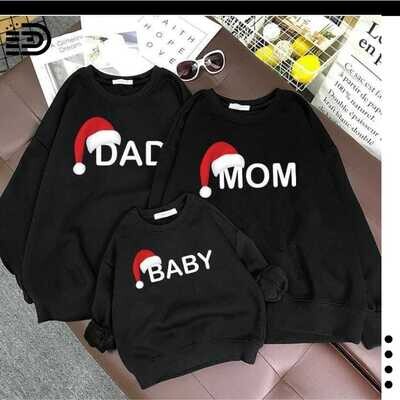 Family Christmas Sweaters – Full Black Long Sleeve Sweater with Mom/Dad/ Baby Printed on Front in White Font