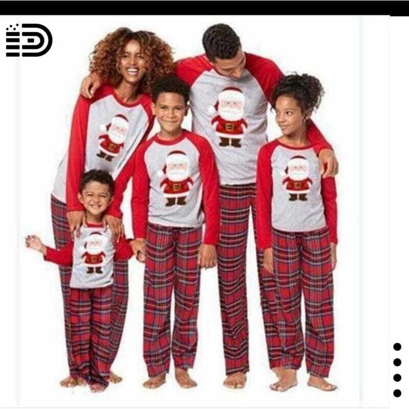 Matching Family Christmas Pajamas Set – Red Long Sleeve with Grey Top and Santa on Front. Red and Grey Plaid Pants
