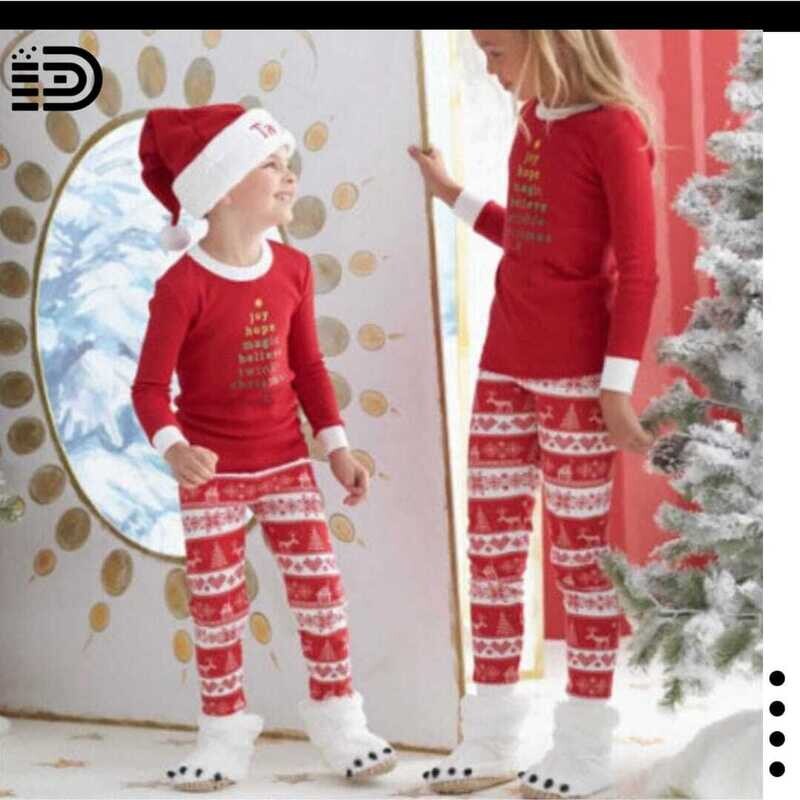 Matching Family Christmas Pajamas Set – Long Sleeve Red Top with White Trim / Red and White long Pants