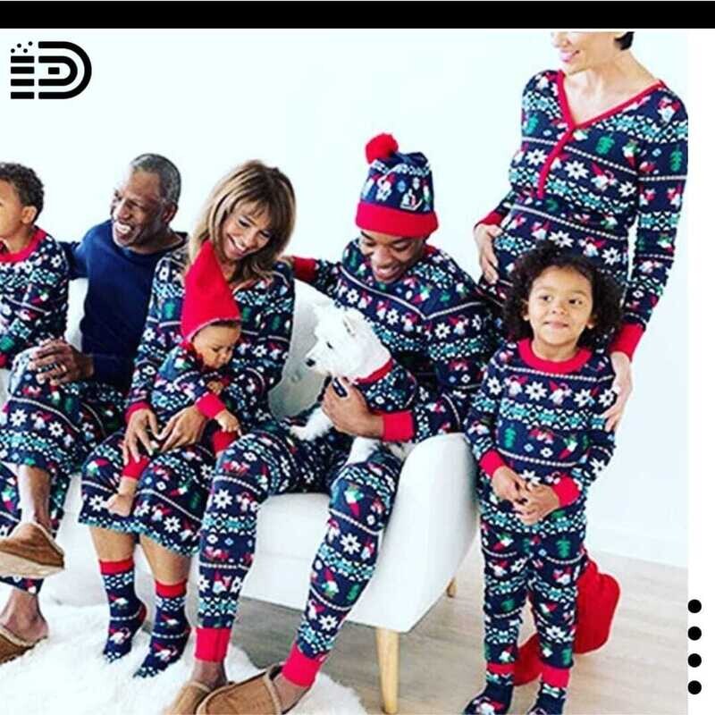 Matching Family Christmas Pajamas Set – Long Sleeve Navy Blue Multi-Patterned and Red Top with Matching Pants and Red Trim