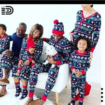 Matching Family Christmas Pajamas Set – Long Sleeve Navy Blue Multi-Patterned and Red Top with Matching Pants and Red Trim