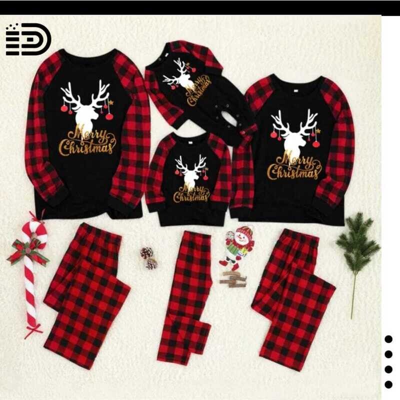 Matching Family Christmas Pajamas Set – Black Top with Buffalo Plaid Long Sleeve Tee with Gold Antler/Reindeer &amp; Merry Christmas on Top. Buffalo Plaid Long Pants.