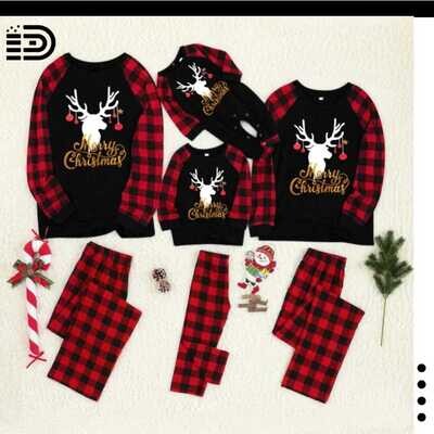 Matching Family Christmas Pajamas Set – Black Top with Buffalo Plaid Long Sleeve Tee with Gold Antler/Reindeer & Merry Christmas on Top. Buffalo Plaid Long Pants.