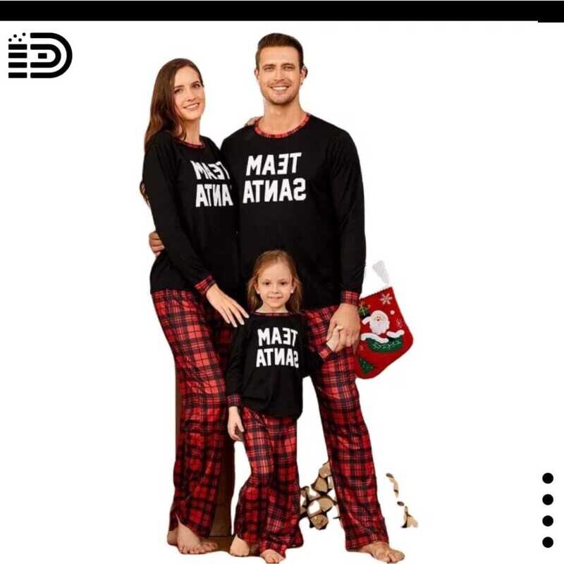 Matching Family Christmas Pajamas Set – Long Sleeve Black Tee with Red Buffalo Plaid Trim &amp; Red Buffalo Plaid Pants