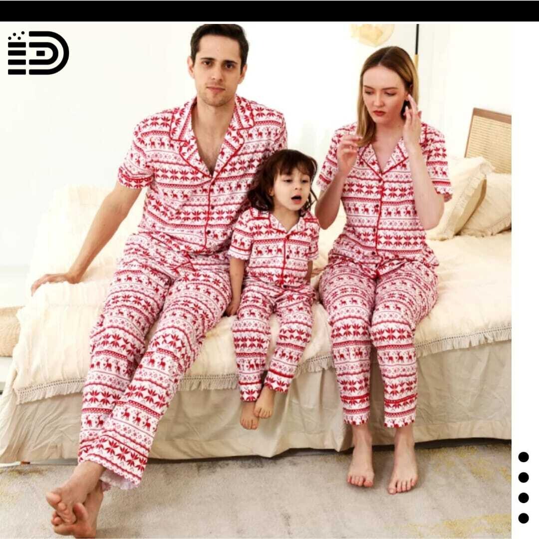 Matching Family Christmas Pajamas Set – White and Red Short Sleeve Button Front with White and Red Print Long Pants