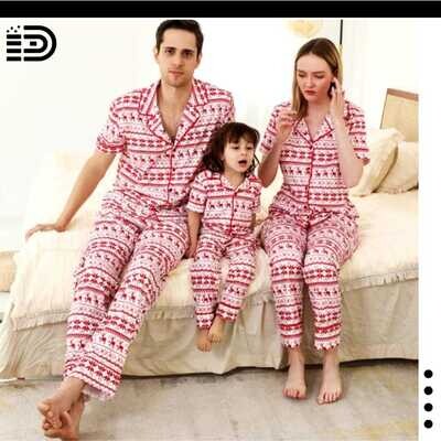 Matching Family Christmas Pajamas Set – White and Red Short Sleeve Button Front with White and Red Print Long Pants