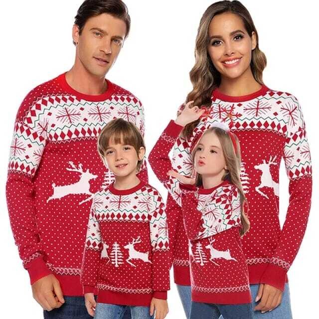 Family Christmas Sweaters – Full Red with White  Reindeers