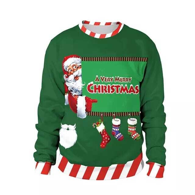 Christmas Sweaters – Full Green and Red Trim Long Sleeve Sweater with  Red and White Santa