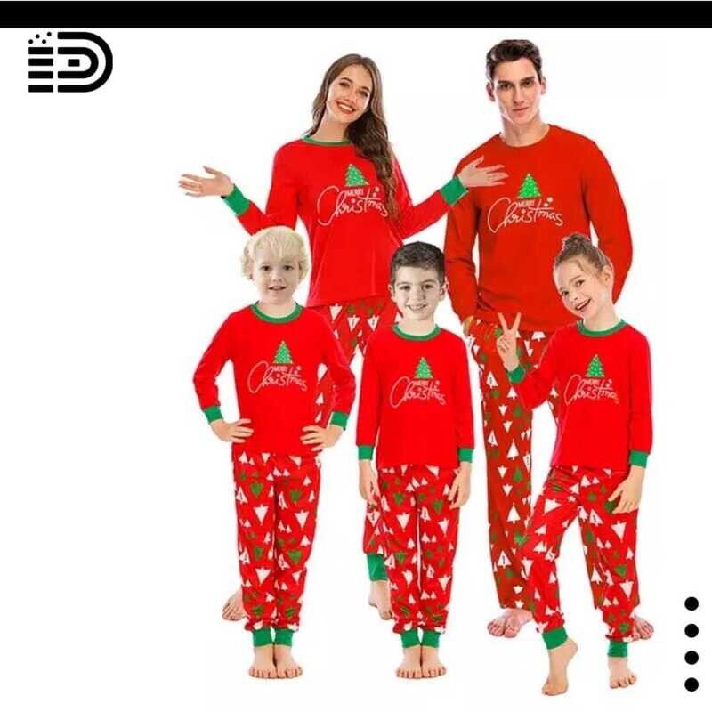 Matching Family Christmas Pajamas Set – Long Sleeve Full Red Tee with Green Trim. Long Red Pants (White and Green Christmas Tree) and Green Trim