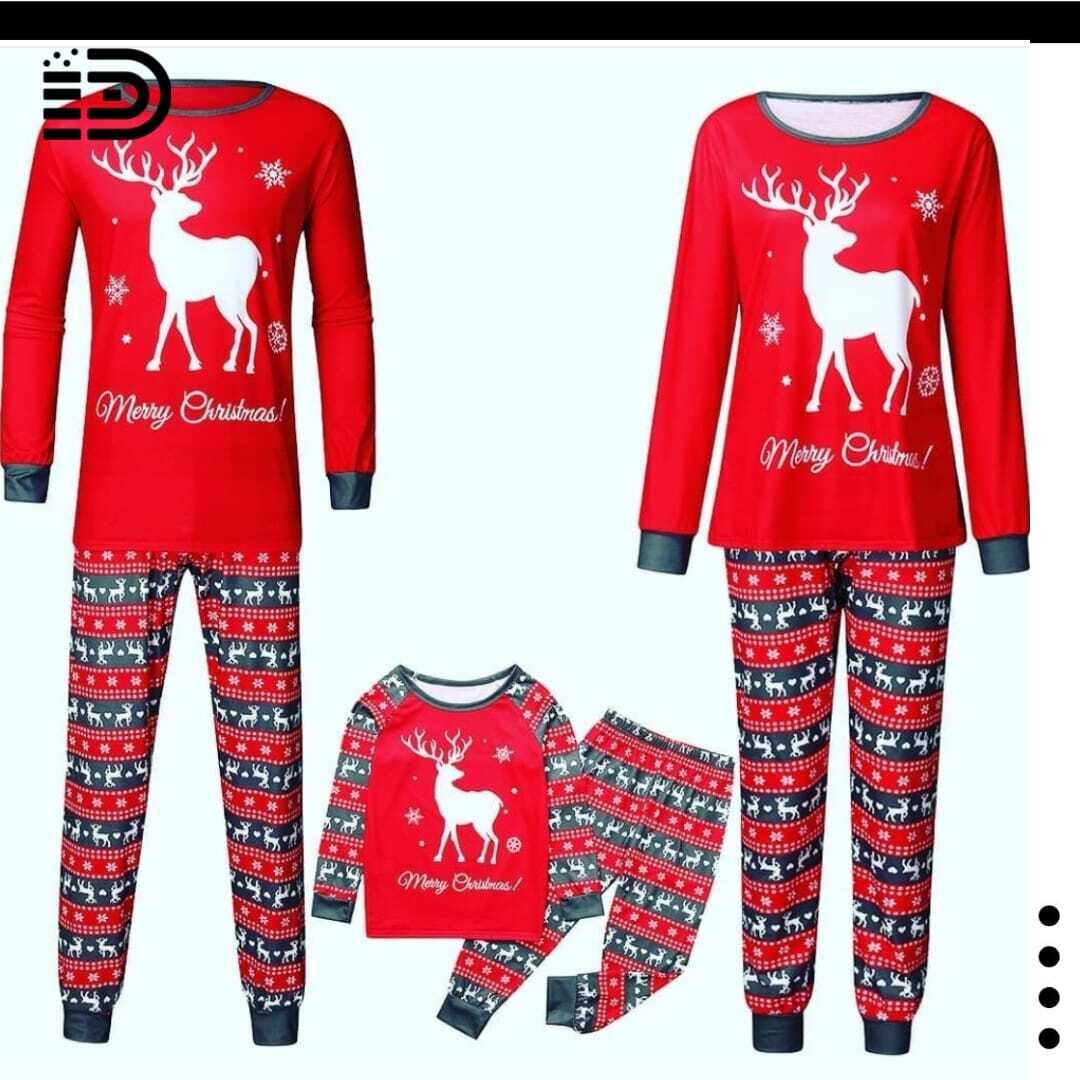 Matching Family Christmas Pajamas Set – Full Red Long Sleeve Top Grey Trim “White Reindeer with Merry Christmas”. Red Patterned  Pants with white Reindeer
