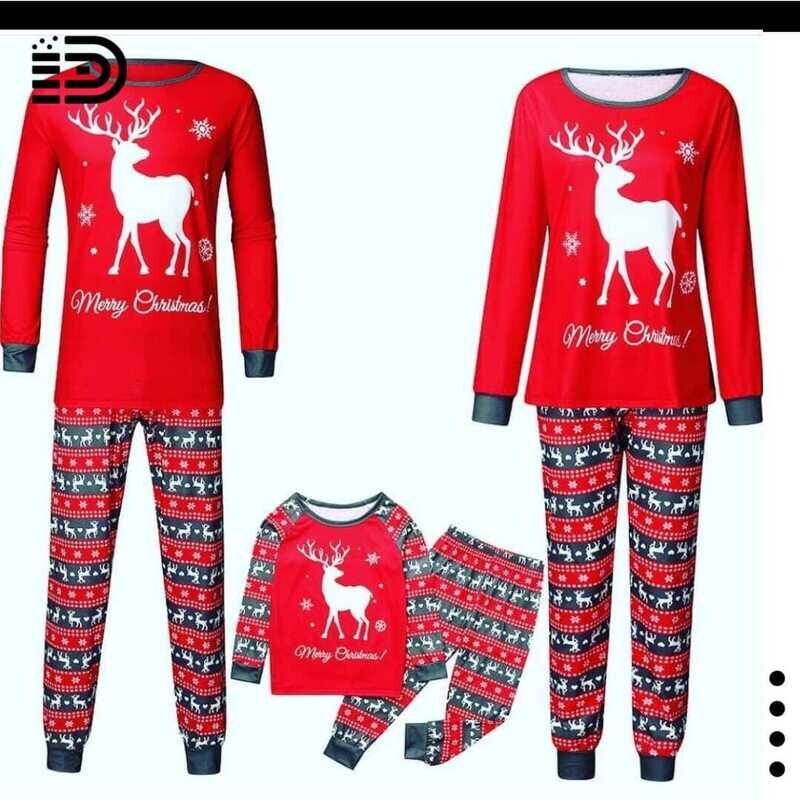 Matching Family Christmas Pajamas Set – Full Red Long Sleeve Top Grey Trim “White Reindeer with Merry Christmas”. Red Patterned  Pants with white Reindeer
