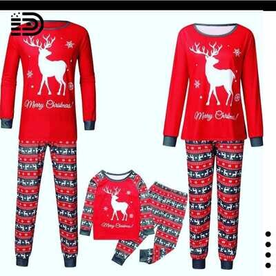 Matching Family Christmas Pajamas Set – Full Red Long Sleeve Top Grey Trim “White Reindeer with Merry Christmas”. Red Patterned Pants with white Reindeer