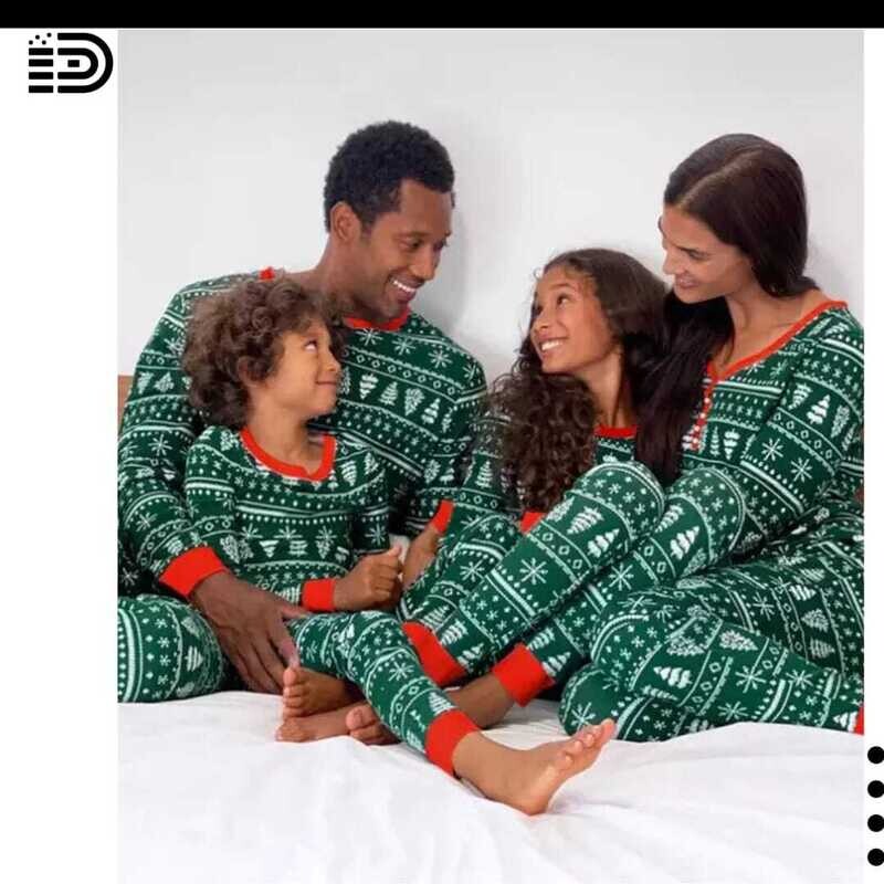Matching Family Christmas Pajamas Set – Green &amp; White Snowflake Design and Red Trim.