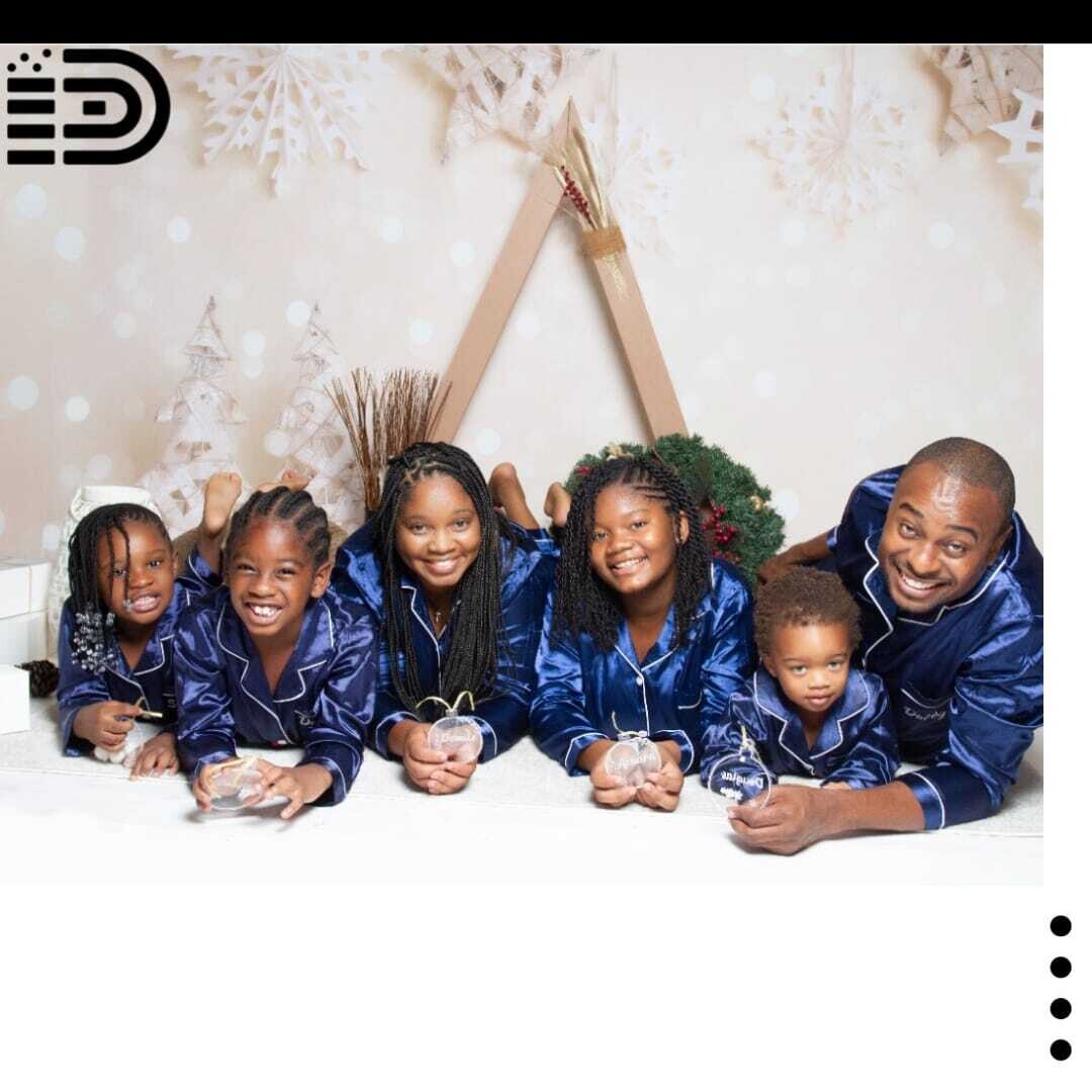 Matching Family Christmas Pajamas Set – Navy Blue Satin with White Trim