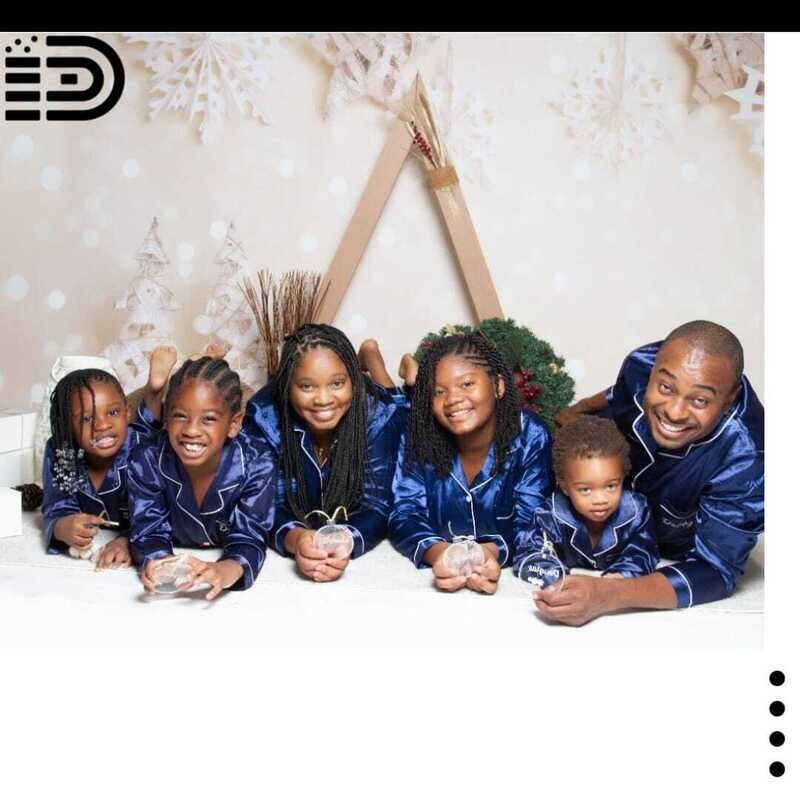 Matching Family Christmas Pajamas Set – Navy Blue Satin with White Trim