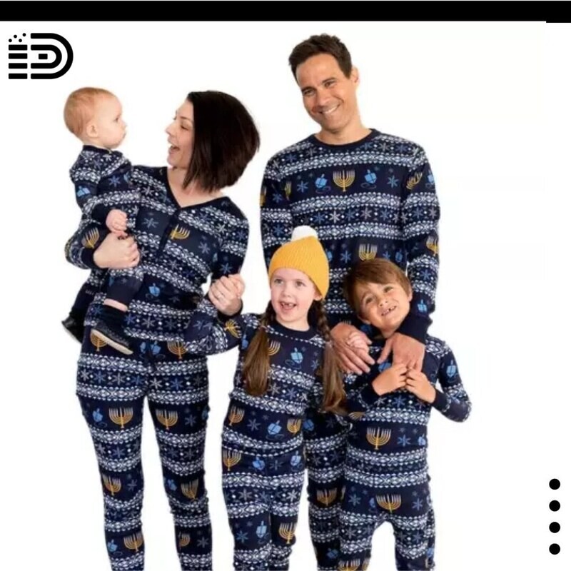 Matching Family Christmas Pajamas Set – Blue, White &amp; Yellow Design w/ Black Trim.