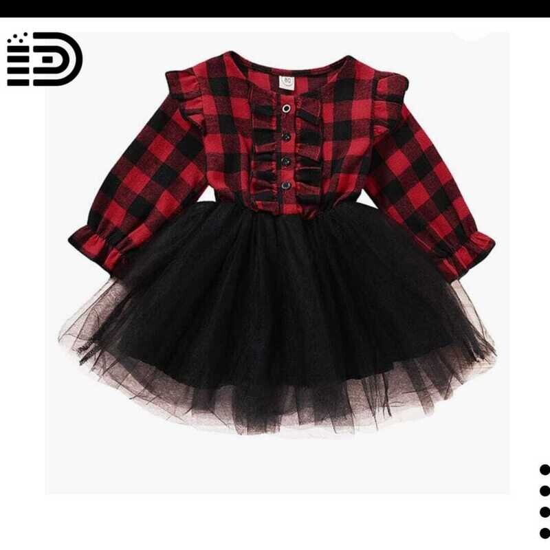 Christmas Outfit - Buffalao Plaid Christmas Baby Girl Outfit  with Black Tutu Skirt