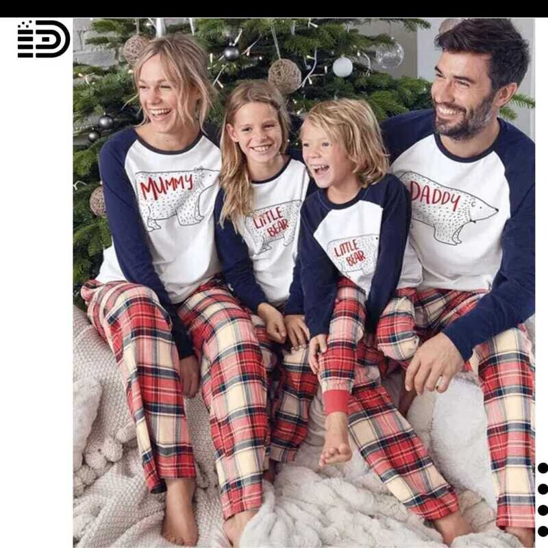 Matching Family Christmas Pajamas Set – White Top  w/ Navy Blue Long Sleeve ( Bear Design). Red, Blue and White and Black Plaid Bottom.