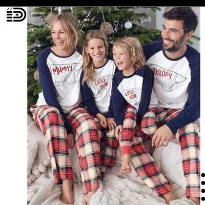 Matching Family Christmas Pajamas Set – White Top w/ Navy Blue Long Sleeve ( Bear Design). Red, Blue and White and Black Plaid Bottom.