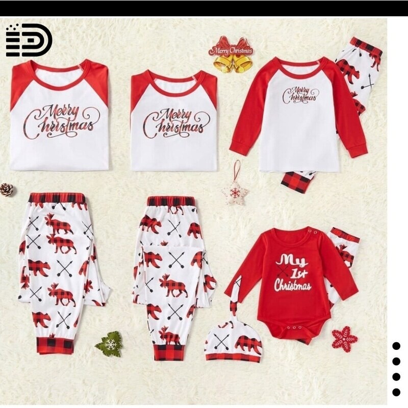Matching Family Christmas Pajamas Set – Full White Top w/ Red Long Sleeve "Merry Christmas). White Pants w/ Red Buffalao.
