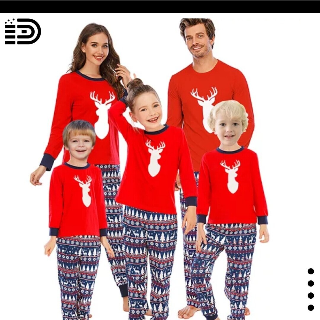 Matching Family Christmas Pajamas Set – Full Red Top w/ White Reeindeer  and Moose. Blue, Red and White Pants.