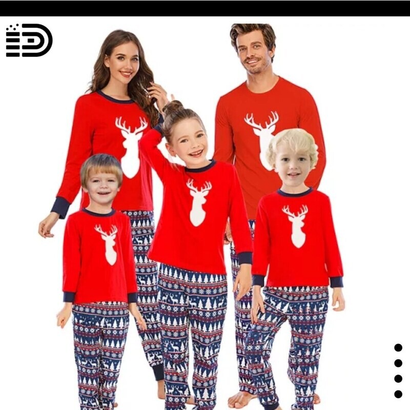 Matching Family Christmas Pajamas Set – Full Red Top w/ White Reeindeer  and Moose. Blue, Red and White Pants.