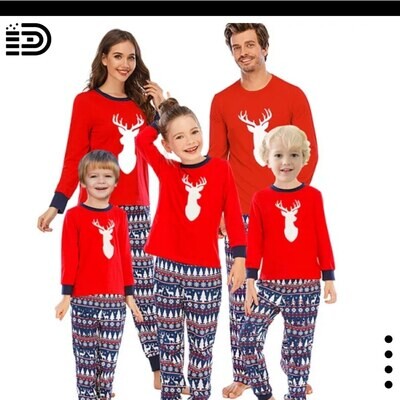 Matching Family Christmas Pajamas Set – Full Red Top w/ White Reeindeer and Moose. Blue, Red and White Pants.