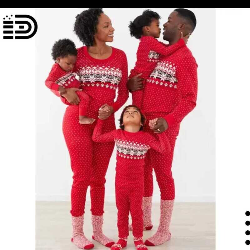 Matching Family Christmas Pajamas Set – Full Red Top with White Dots and White Snowflake Pattern. Red with White Patterned Bottom