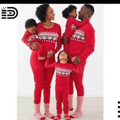 Matching Family Christmas Pajamas Set – Full Red Top with White Dots and White Snowflake Pattern. Red with White Patterned Bottom