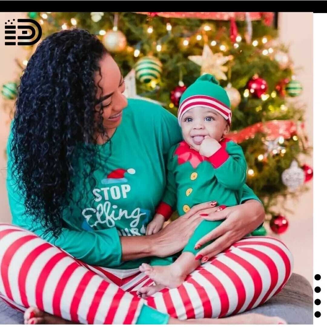 Matching Family Christmas Pajamas Set “Stop the Elfing Around” with red and white Striped Bottom PJ's