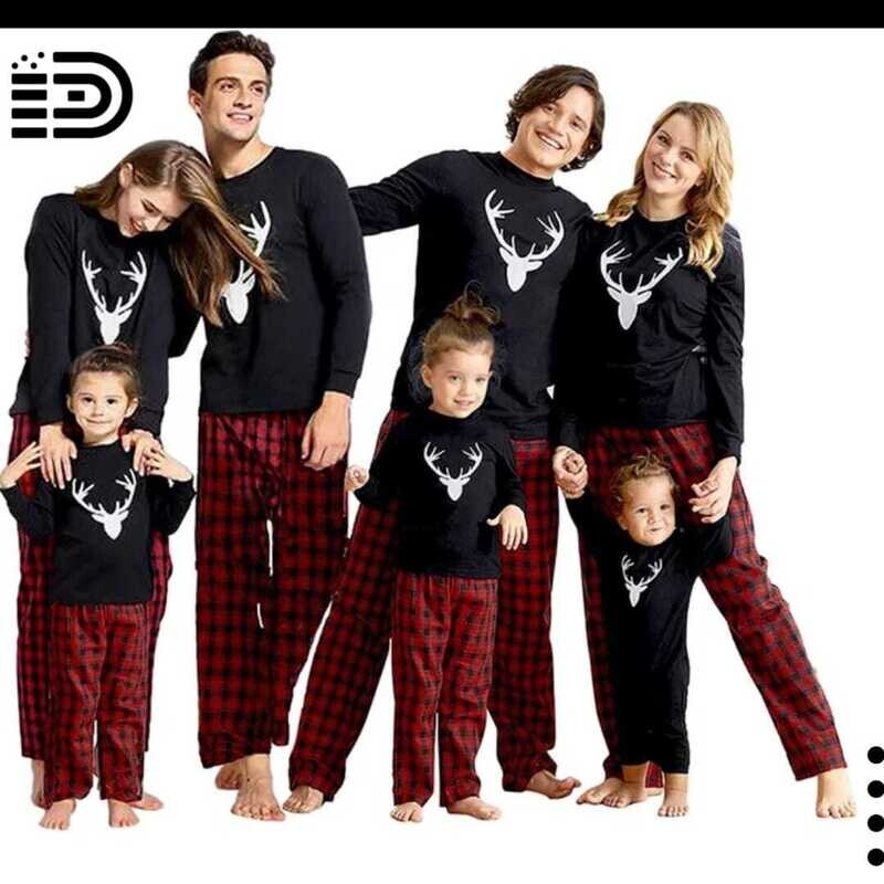 Matching Family Christmas Pajamas Set – Full Black Top  Long Sleeve Tee with White Antler/Reindeer  on Top. Buffalo Plaid Long Pants (Loose Fitting)