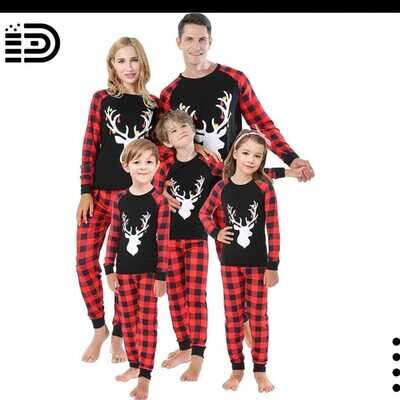 Matching Family Christmas Pajamas Set – Black Top with Buffalo Plaid Long Sleeve Tee with White Antler/Reindeer & Merry Christmas on Top. Buffalo Plaid Fitted Long Pants