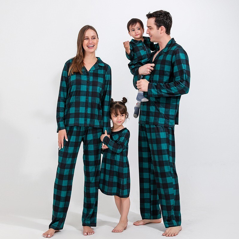 Matching Family Christmas Pajamas Set – Green Buffalo Plaid Pajama Set with Long Pants