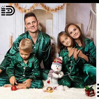 Matching Family Christmas Pajamas Set – Green Satin with White Trim