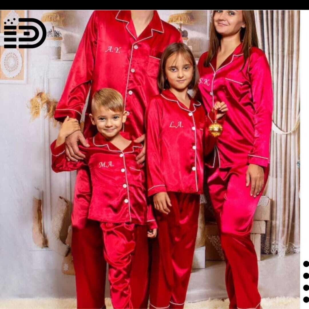 Matching Family Christmas Pajamas Set – Red Satin with White Trim