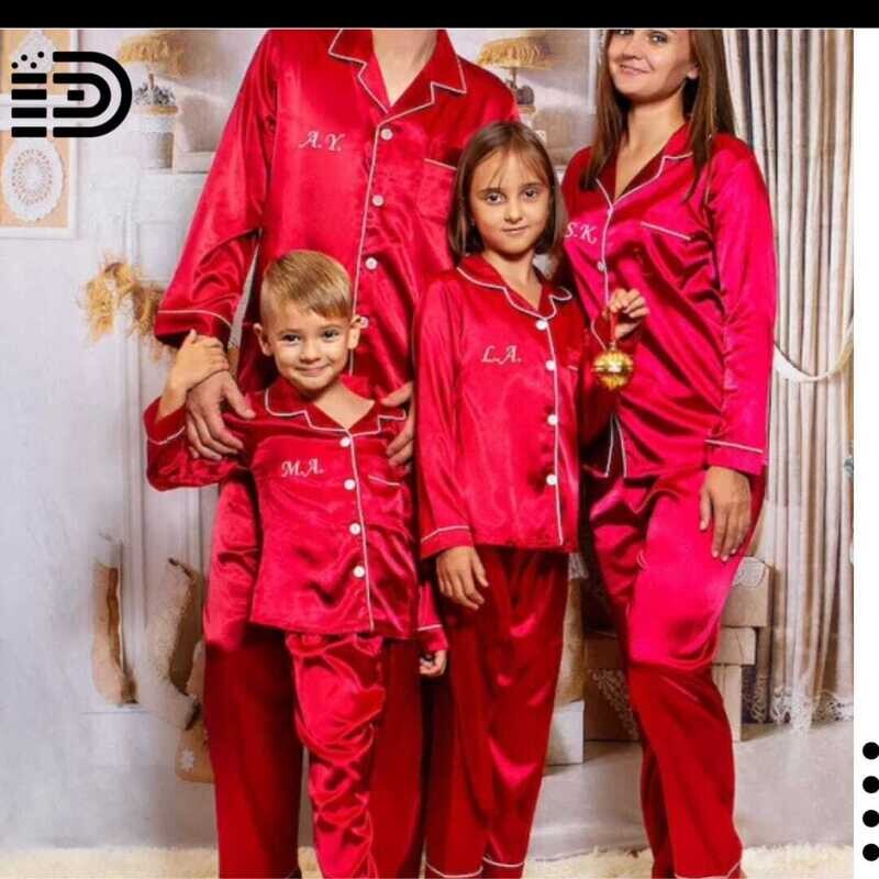 Matching Family Christmas Pajamas Set – Red Satin with White Trim