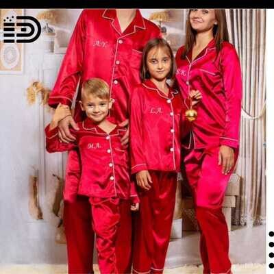 Matching Family Christmas Pajamas Set – Red Satin with White Trim