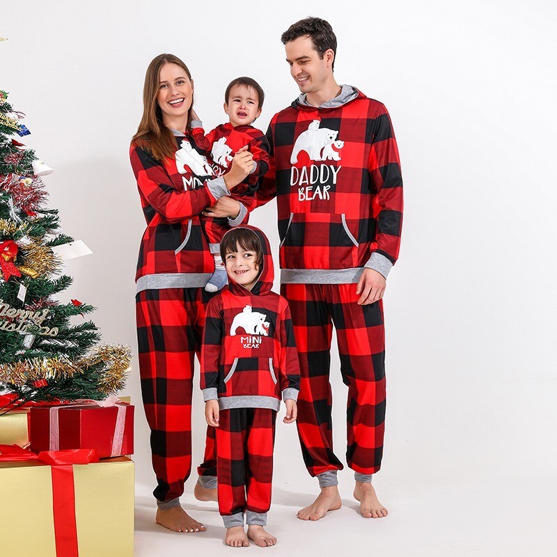 Matching Family Christmas Pajamas Set – Red and Black Plaid Long Sleeve Hoodie with Grey Trim. Red and Black Patterned Jogger  Pants with Grey Trim.