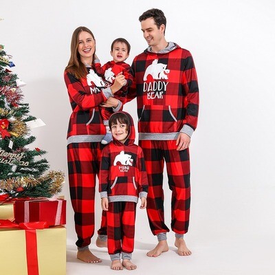 Matching Family Christmas Pajamas Set – Red and Black Plaid Long Sleeve Hoodie with Grey Trim. Red and Black Patterned Jogger Pants with Grey Trim.