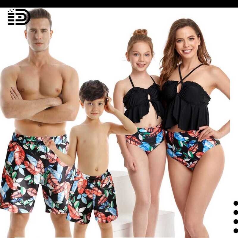 Matching Family Swimwear - Two Piece Black Ruffled Top w/ Black  &amp; pink Patterned Swim Trunks