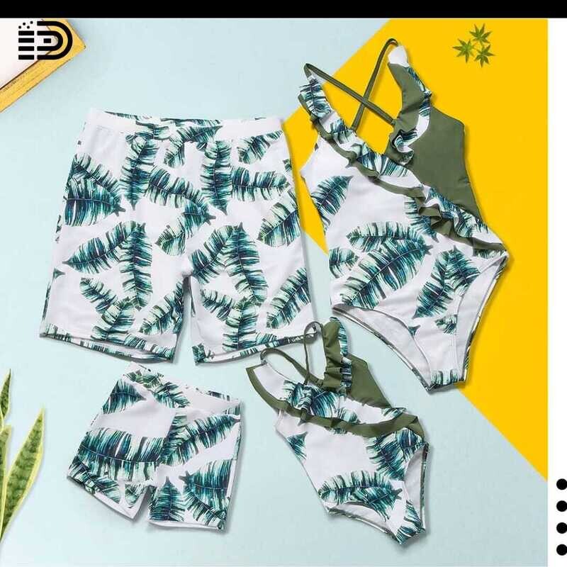 Matching Family Swimwear -  One Piece White &amp; Green Patterned Monokini